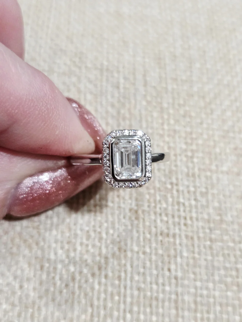Emerald-Cut Moissanite Halo Solitaire Ring